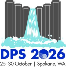 On a white background, "DPS 2026" in blue text with the DPS logo inside the 0 of 2026. "25-30 October | Spokane, WA" in black text below. The graphic is six columns of gray columnar basalt arranged in a line from left to right with a cyan waterfall flowing from the center.
